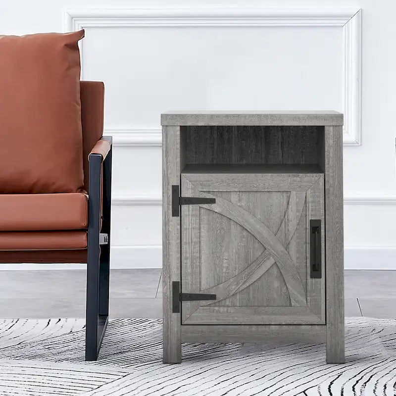 Table de chevet avec porte de grange et étagère de rangement, noyer/gris/blanc