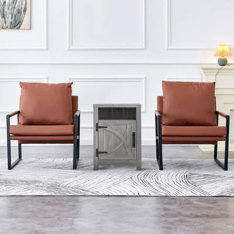 Table de chevet avec porte de grange et étagère de rangement, noyer/gris/blanc