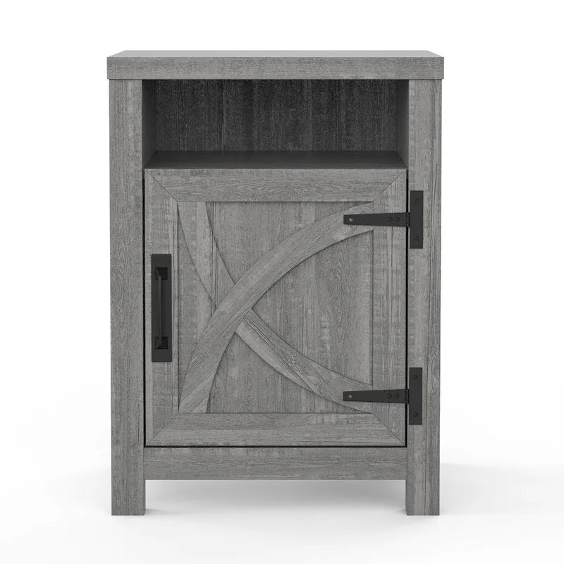 Table de chevet avec porte de grange et étagère de rangement, noyer/gris/blanc