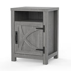 Table de chevet avec porte de grange et étagère de rangement, noyer/gris/blanc