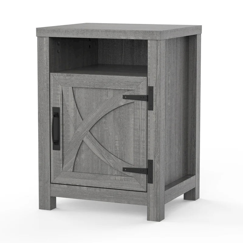 Table de chevet avec porte de grange et étagère de rangement, noyer/gris/blanc