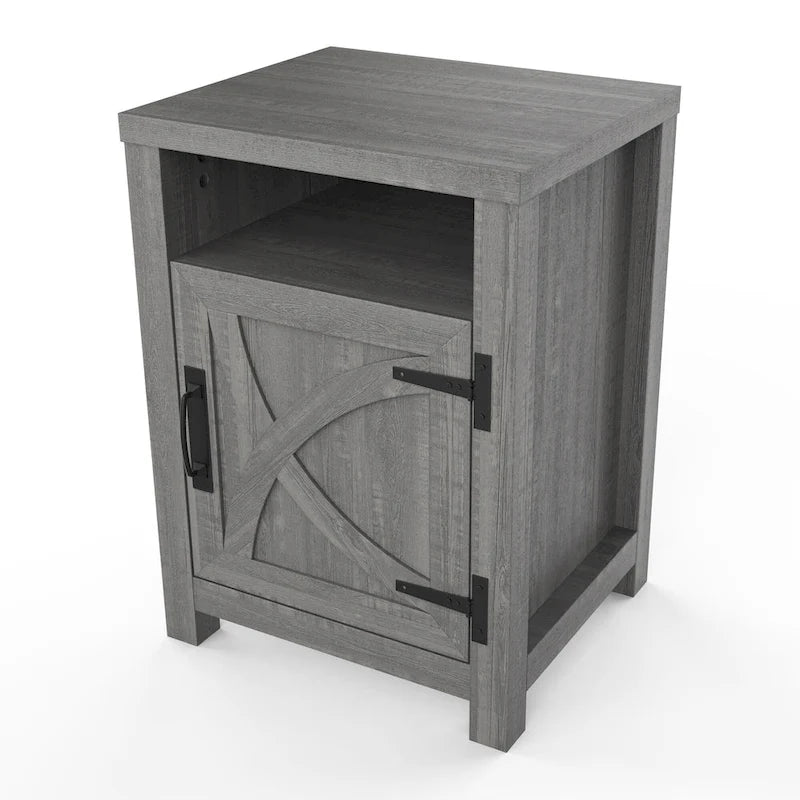 Table de chevet avec porte de grange et étagère de rangement, noyer/gris/blanc