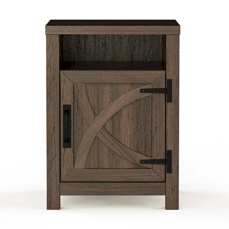 Table de chevet avec porte de grange et étagère de rangement, noyer/gris/blanc