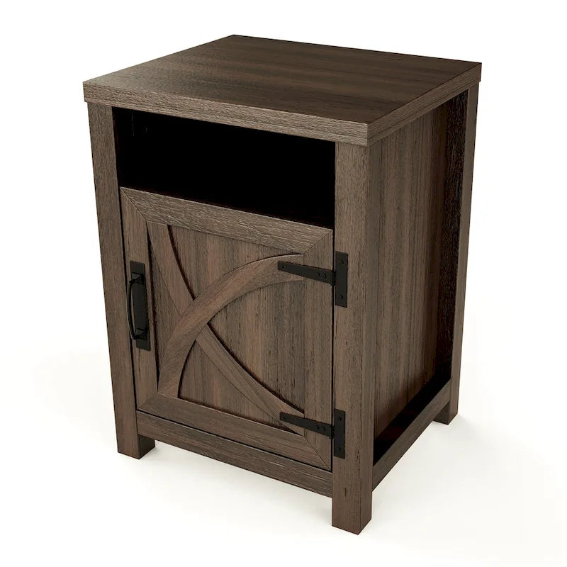 Table de chevet avec porte de grange et étagère de rangement, noyer/gris/blanc