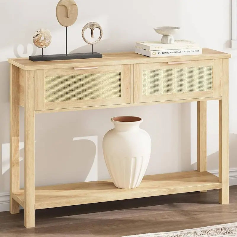 Console bohème beige/marron avec 2 tiroirs en rotin, 1 personne