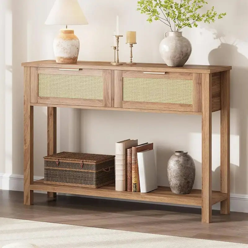 Console bohème beige/marron avec 2 tiroirs en rotin, 1 personne