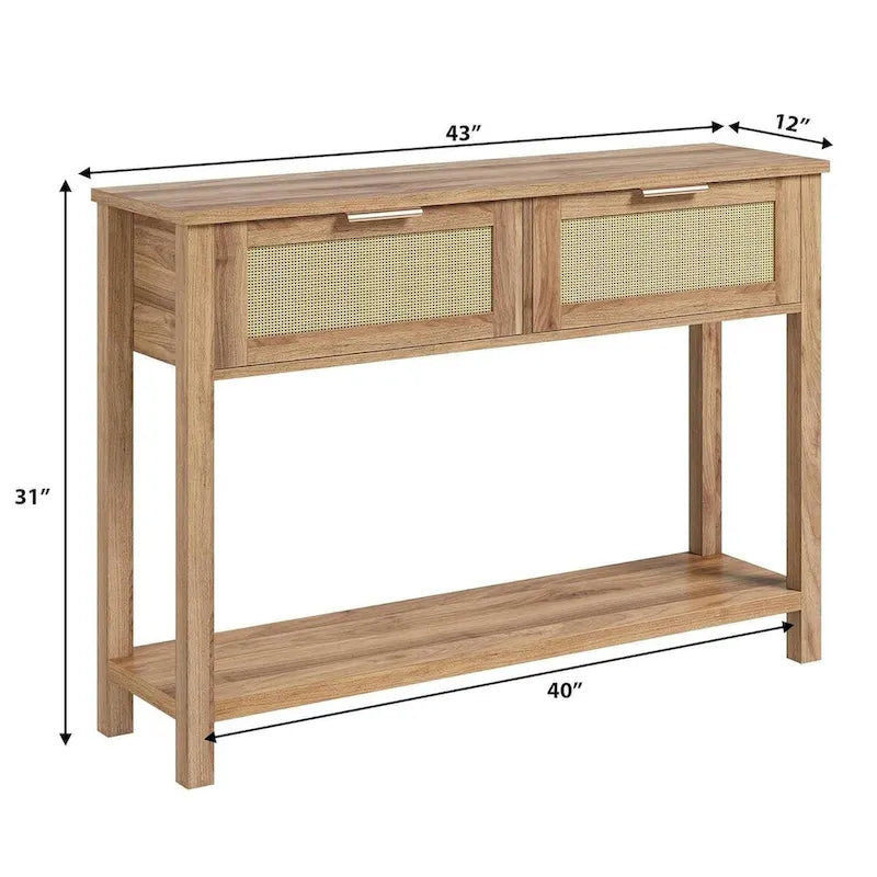 Console bohème beige/marron avec 2 tiroirs en rotin, 1 personne