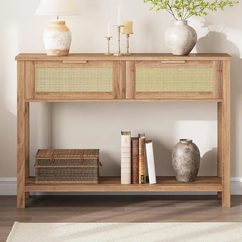 Console bohème beige/marron avec 2 tiroirs en rotin, 1 personne