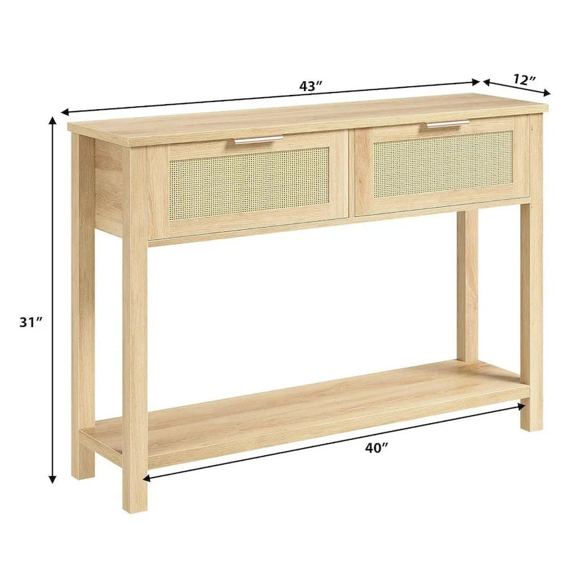 Console bohème beige/marron avec 2 tiroirs en rotin, 1 personne