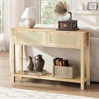 Console bohème beige/marron avec 2 tiroirs en rotin, 1 personne
