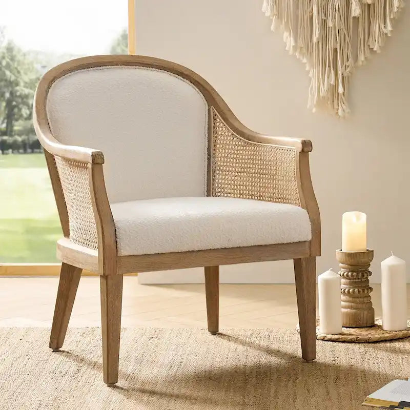 Fauteuil d'appoint tonneau ivoire/lin, rotin et similicuir, siège unique