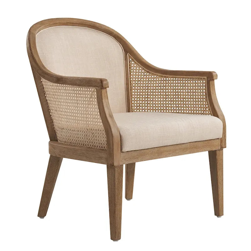 Fauteuil d'appoint tonneau ivoire/lin, rotin et similicuir, siège unique