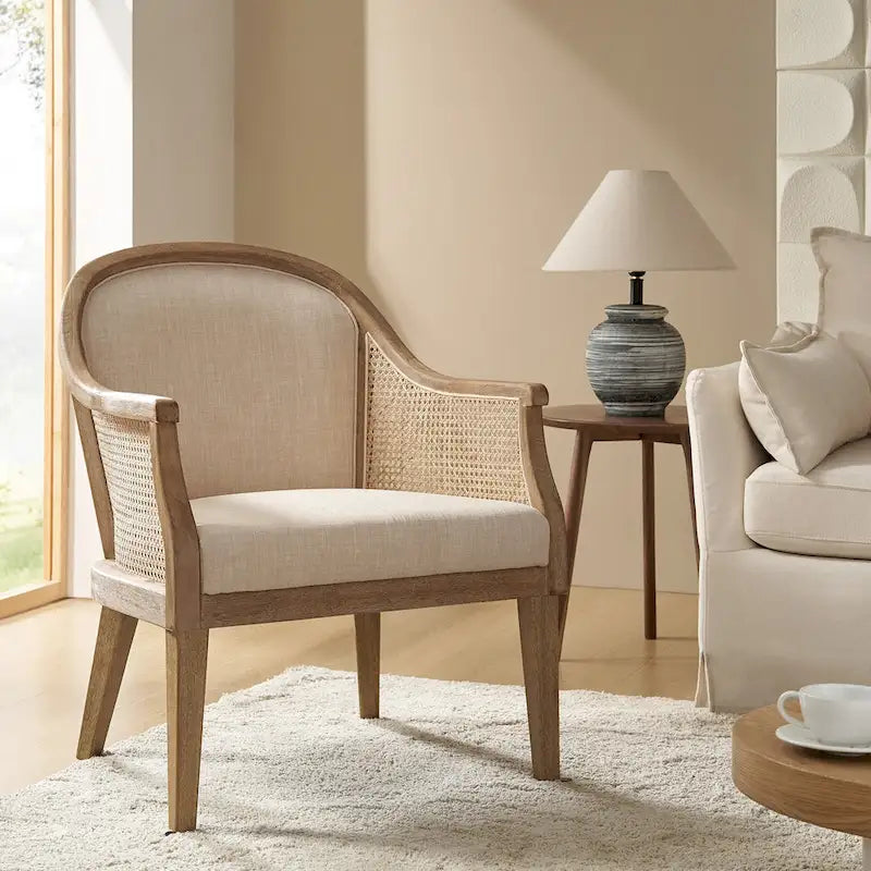 Fauteuil d'appoint tonneau ivoire/lin, rotin et similicuir, siège unique