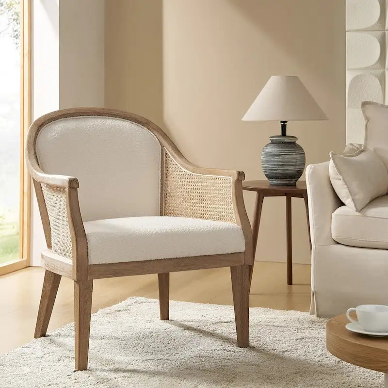 Fauteuil d'appoint tonneau ivoire/lin, rotin et similicuir, siège unique