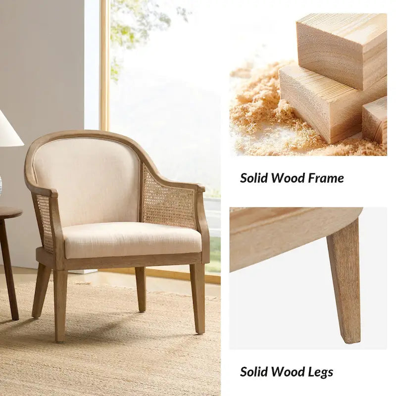 Fauteuil d'appoint tonneau ivoire/lin, rotin et similicuir, siège unique
