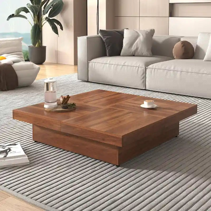 Table basse carrée avec rangement coulissant, Noyer/Blanc, 1 pièce