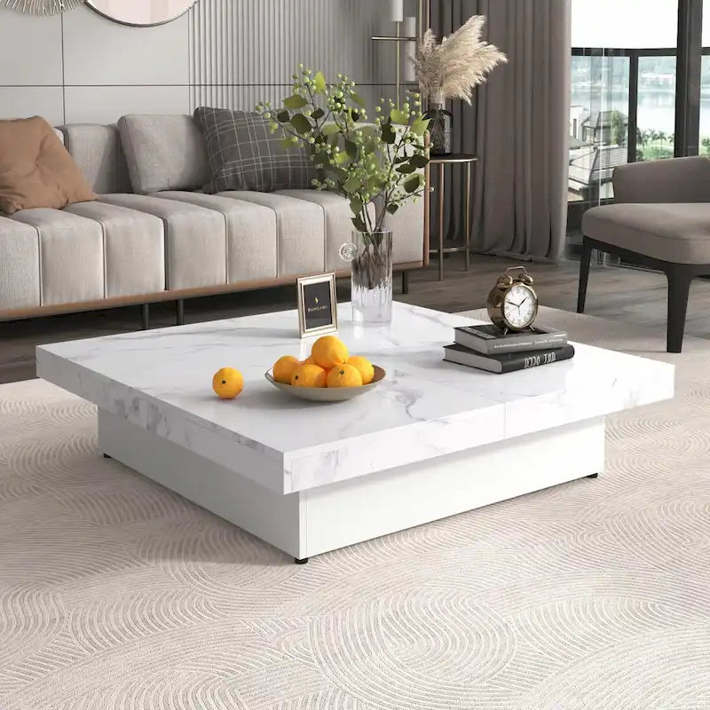 Table basse carrée avec rangement coulissant, Noyer/Blanc, 1 pièce