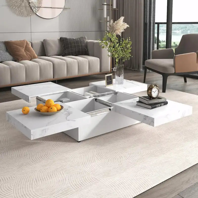 Table basse carrée avec rangement coulissant, Noyer/Blanc, 1 pièce