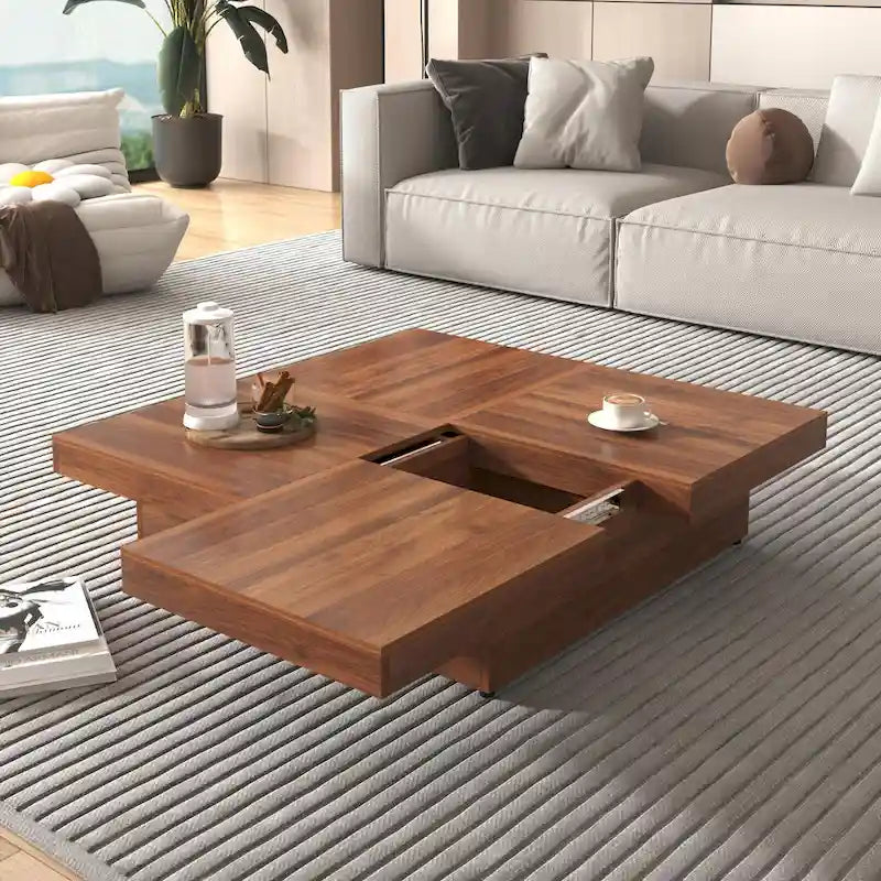 Table basse carrée avec rangement coulissant, Noyer/Blanc, 1 pièce