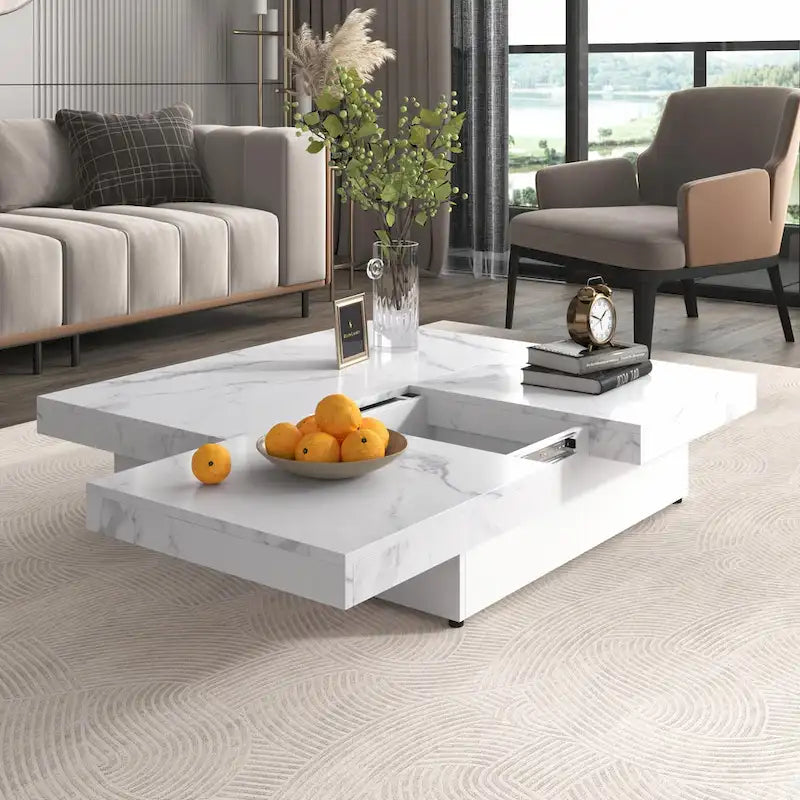 Table basse carrée avec rangement coulissant, Noyer/Blanc, 1 pièce
