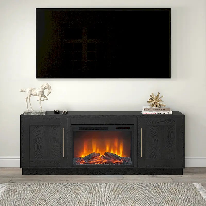 Grain noir / Gris anthracite / Blanc | Meuble TV de 172,7 cm avec cheminée électrique | Convient aux téléviseurs jusqu'à 75" | Assemblage à 2 personnes