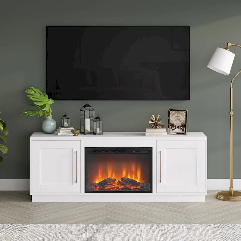 Grain noir / Gris anthracite / Blanc | Meuble TV de 172,7 cm avec cheminée électrique | Convient aux téléviseurs jusqu'à 75" | Assemblage à 2 personnes