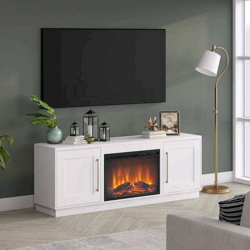 Grain noir / Gris anthracite / Blanc | Meuble TV de 172,7 cm avec cheminée électrique | Convient aux téléviseurs jusqu'à 75" | Assemblage à 2 personnes