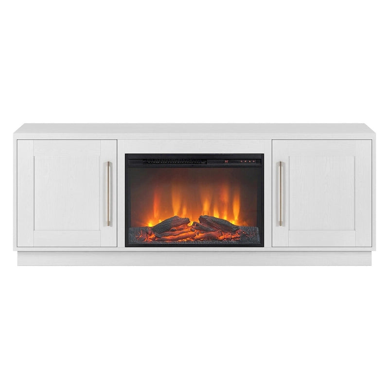 Grain noir / Gris anthracite / Blanc | Meuble TV de 172,7 cm avec cheminée électrique | Convient aux téléviseurs jusqu'à 75" | Assemblage à 2 personnes