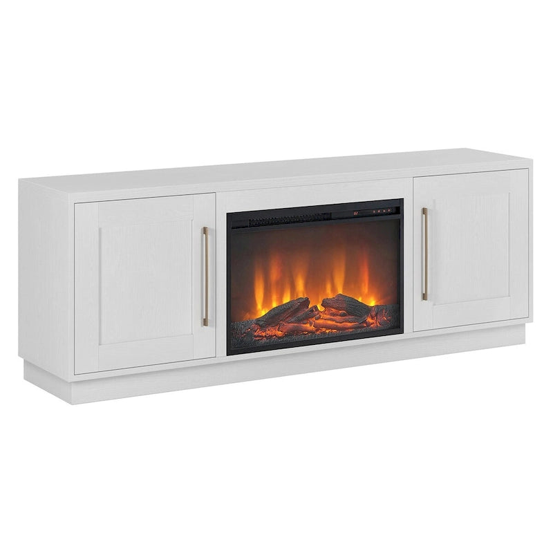 Grain noir / Gris anthracite / Blanc | Meuble TV de 172,7 cm avec cheminée électrique | Convient aux téléviseurs jusqu'à 75" | Assemblage à 2 personnes