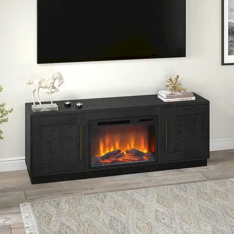 Grain noir / Gris anthracite / Blanc | Meuble TV de 172,7 cm avec cheminée électrique | Convient aux téléviseurs jusqu'à 75" | Assemblage à 2 personnes