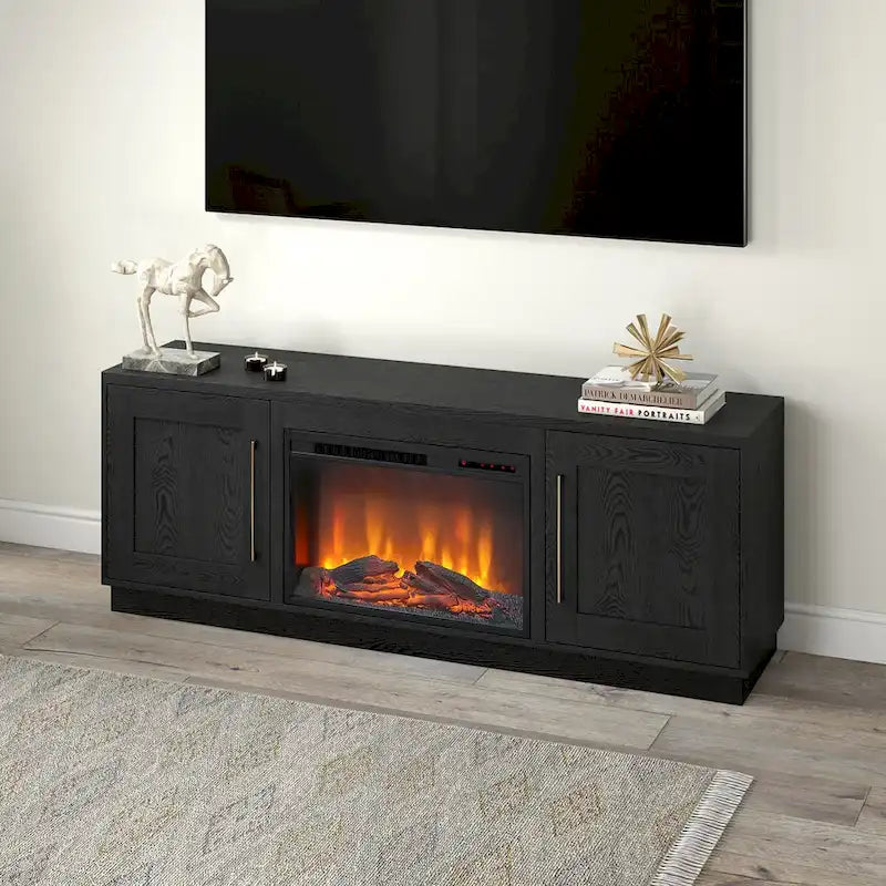 Grain noir / Gris anthracite / Blanc | Meuble TV de 172,7 cm avec cheminée électrique | Convient aux téléviseurs jusqu'à 75" | Assemblage à 2 personnes