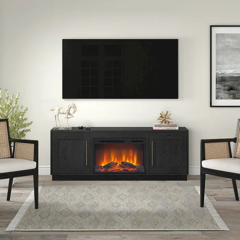 Grain noir / Gris anthracite / Blanc | Meuble TV de 172,7 cm avec cheminée électrique | Convient aux téléviseurs jusqu'à 75" | Assemblage à 2 personnes