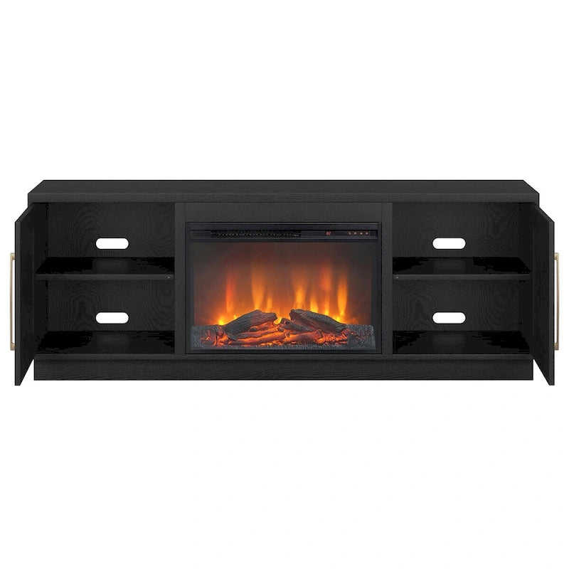 Grain noir / Gris anthracite / Blanc | Meuble TV de 172,7 cm avec cheminée électrique | Convient aux téléviseurs jusqu'à 75" | Assemblage à 2 personnes