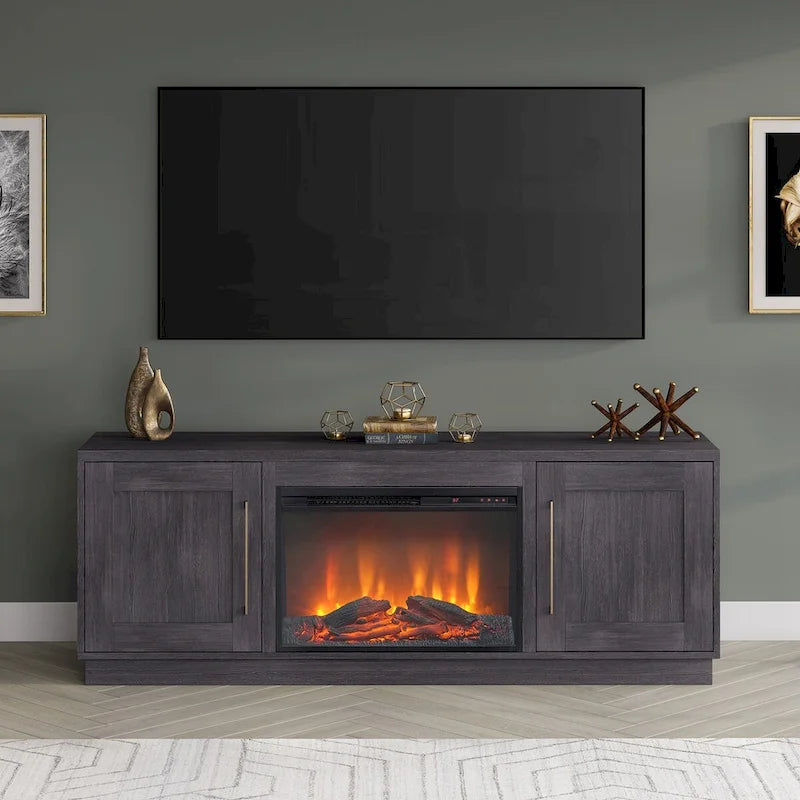 Grain noir / Gris anthracite / Blanc | Meuble TV de 172,7 cm avec cheminée électrique | Convient aux téléviseurs jusqu'à 75" | Assemblage à 2 personnes