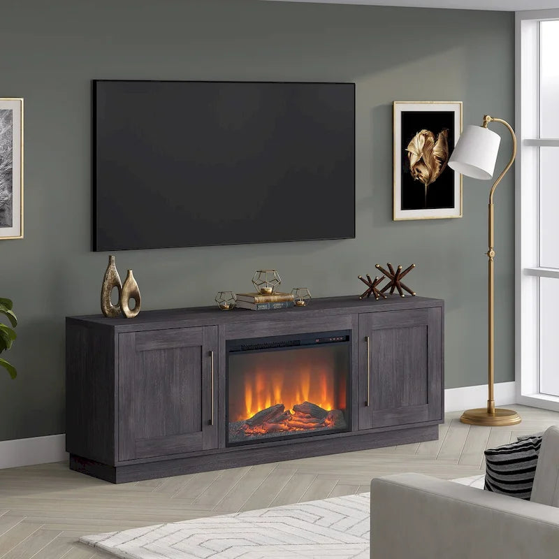 Grain noir / Gris anthracite / Blanc | Meuble TV de 172,7 cm avec cheminée électrique | Convient aux téléviseurs jusqu'à 75" | Assemblage à 2 personnes