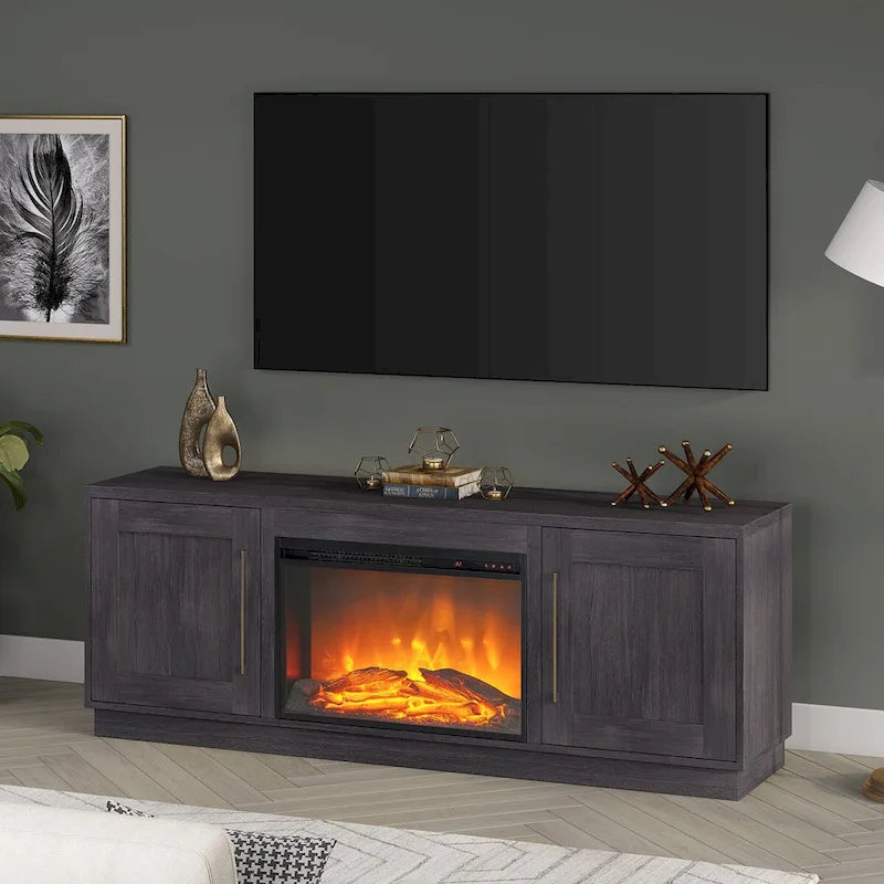 Grain noir / Gris anthracite / Blanc | Meuble TV de 172,7 cm avec cheminée électrique | Convient aux téléviseurs jusqu'à 75" | Assemblage à 2 personnes