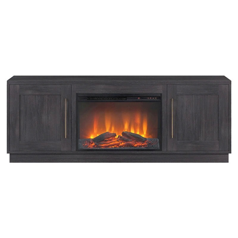 Grain noir / Gris anthracite / Blanc | Meuble TV de 172,7 cm avec cheminée électrique | Convient aux téléviseurs jusqu'à 75" | Assemblage à 2 personnes