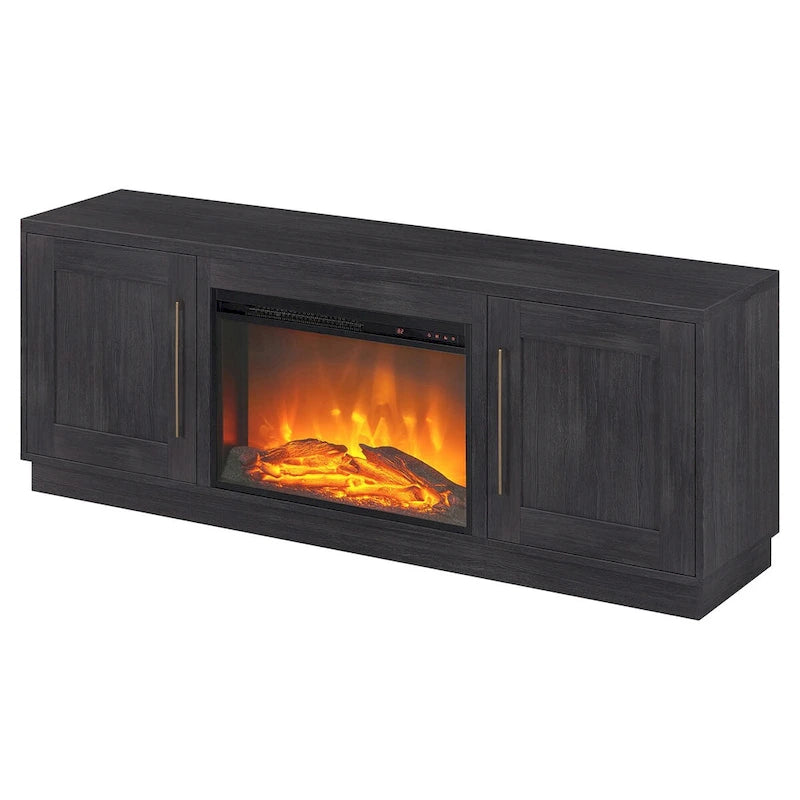 Grain noir / Gris anthracite / Blanc | Meuble TV de 172,7 cm avec cheminée électrique | Convient aux téléviseurs jusqu'à 75" | Assemblage à 2 personnes