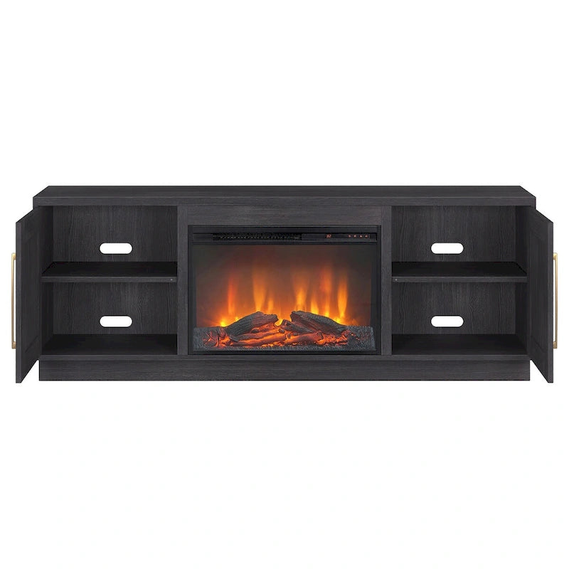 Grain noir / Gris anthracite / Blanc | Meuble TV de 172,7 cm avec cheminée électrique | Convient aux téléviseurs jusqu'à 75" | Assemblage à 2 personnes