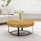 Table basse ronde naturelle et noire, plateau en bois sculpté, piètement en métal à 6 pieds