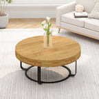 Table basse ronde naturelle et noire, plateau en bois sculpté, piètement en métal à 6 pieds