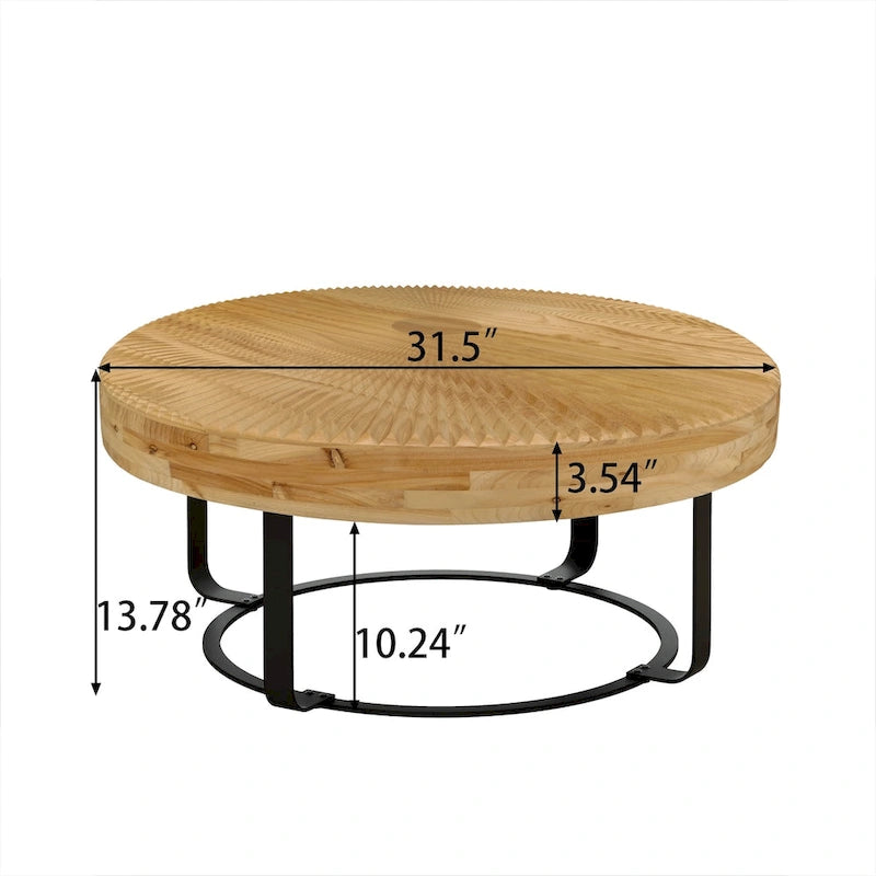 Table basse ronde naturelle et noire, plateau en bois sculpté, piètement en métal à 6 pieds