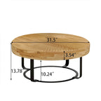 Table basse ronde naturelle et noire, plateau en bois sculpté, piètement en métal à 6 pieds