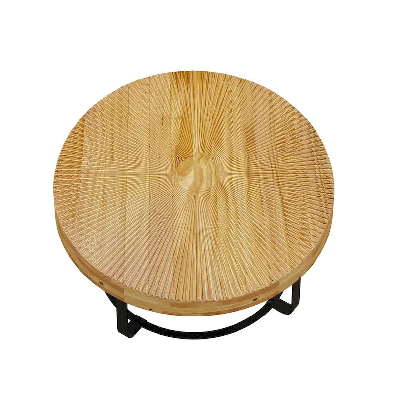 Table basse ronde naturelle et noire, plateau en bois sculpté, piètement en métal à 6 pieds