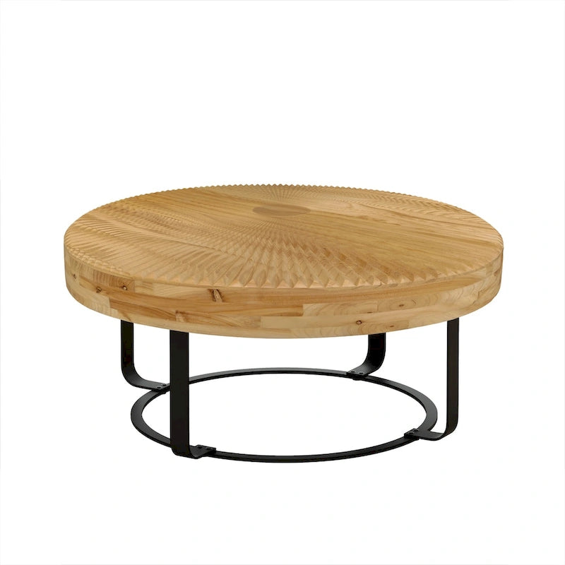 Table basse ronde naturelle et noire, plateau en bois sculpté, piètement en métal à 6 pieds