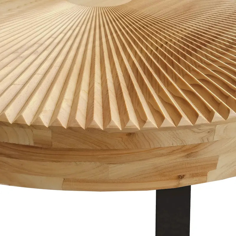 Table basse ronde naturelle et noire, plateau en bois sculpté, piètement en métal à 6 pieds