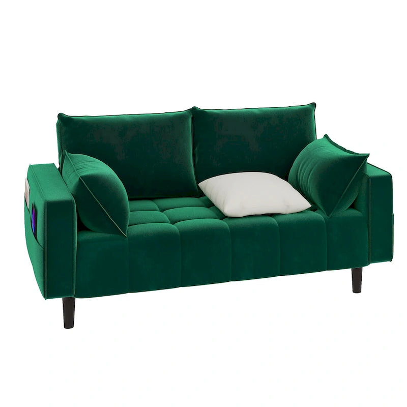 Causeuse capitonnée en velours beige/vert avec pochette latérale, 2 places