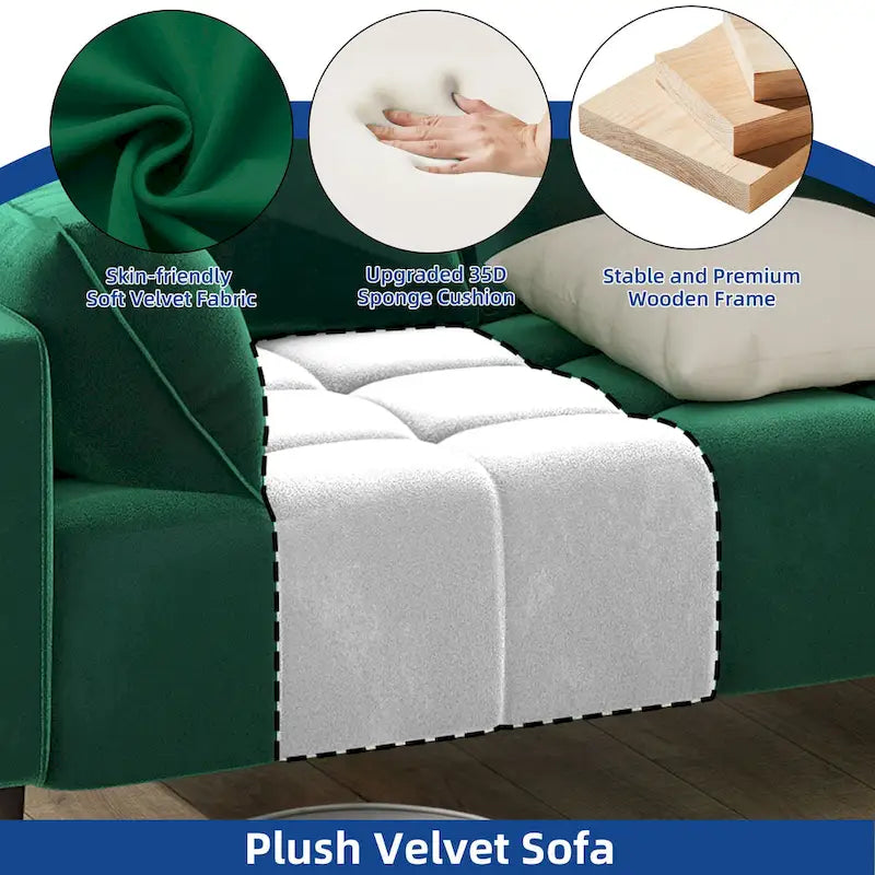 Causeuse capitonnée en velours beige/vert avec pochette latérale, 2 places