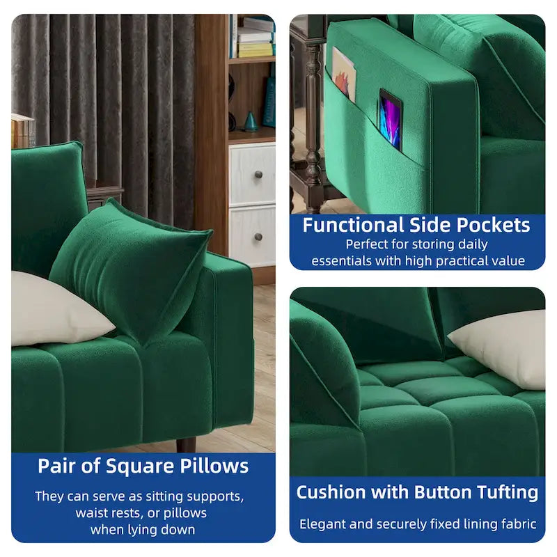 Causeuse capitonnée en velours beige/vert avec pochette latérale, 2 places