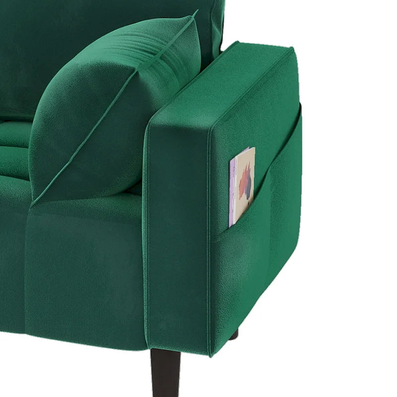Causeuse capitonnée en velours beige/vert avec pochette latérale, 2 places